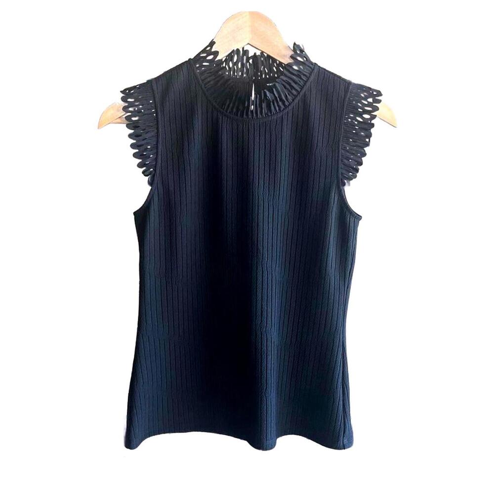 WHBM Womens Top Sz XS Black Scalloped Detail Pullover Sleeveless